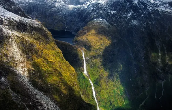 Picture mountains, waterfall, cascade, the fjord