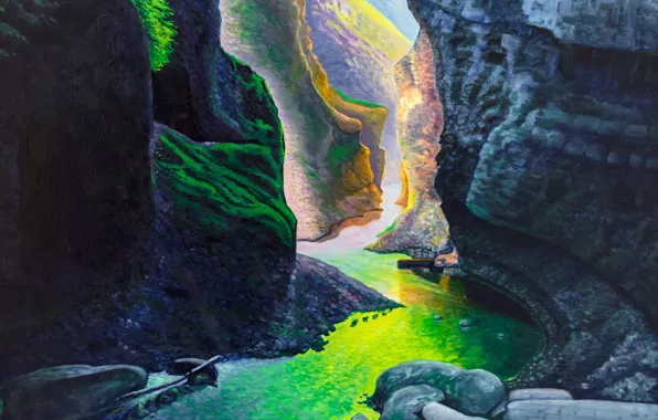 Picture grass, water, light, mountains, stones, rocks, river