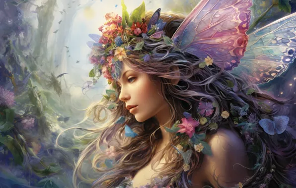Look, girl, flowers, fantasy, hair, portrait, fantasy, elf