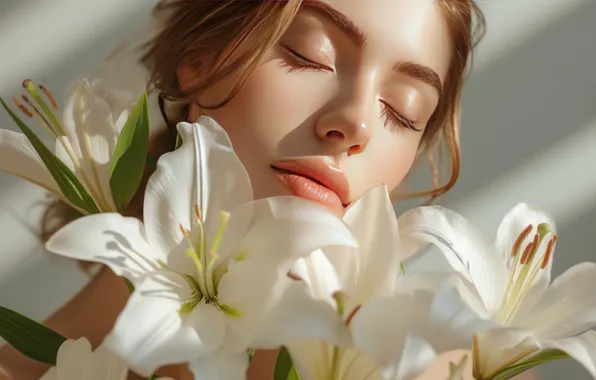 Picture shadow, young, flowers, look, Lily, wall, Rus, AI art