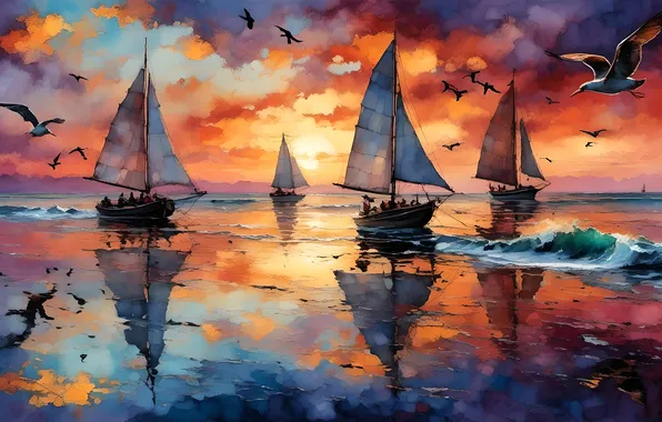 Sea, wave, the sky, clouds, sunset, birds, reflection, people