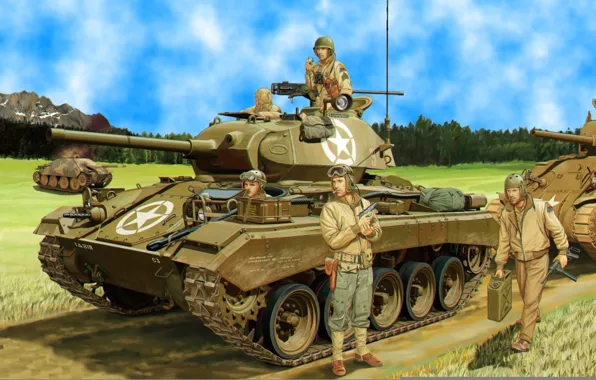 Picture war, art, painting, tank, ww2, M24 chaffee