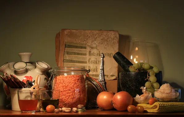 Bow, grapes, book, still life, tomato, tomato, garlic, pistachios