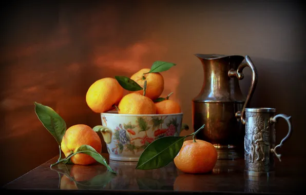 Picture sheet, citrus, pitcher, still life, Mandarin