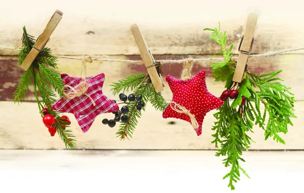 Picture decoration, holiday, rope, New year, stars, clothespins, twigs