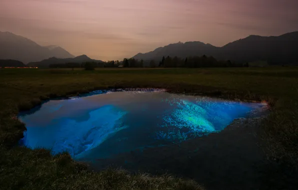 Picture field, the sky, water, clouds, trees, landscape, mountains, night