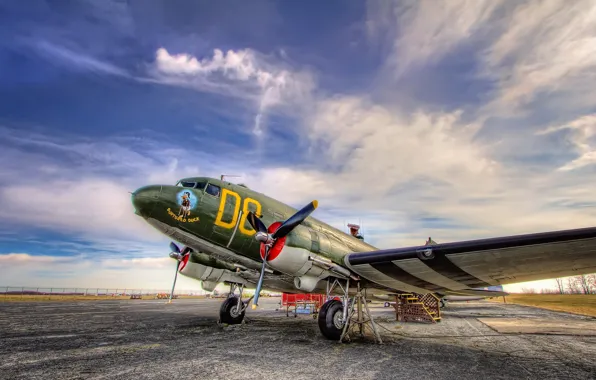 Picture the sky, the plane, the airfield, Douglas C-47 Skytrain
