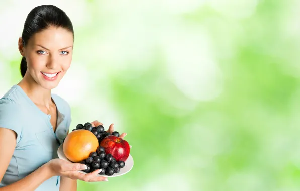 Picture look, smile, background, apples, orange, portrait, makeup, brunette