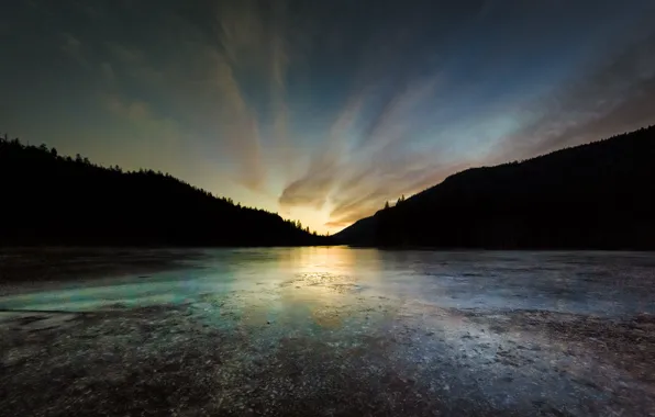 Water, sunset, mountains, multi monitors, mountain lake, ultra hd