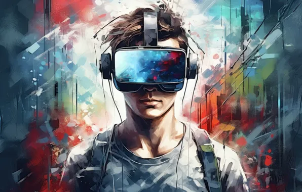 Guy, painting, strokes, imitation painting, virtual reality glasses, AI art, neural network, viar glasses