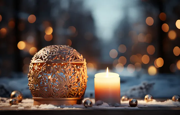 Winter, balls, light, snow, night, lights, flame, pattern