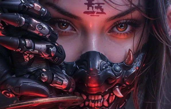 Anime, Face, Katana, Mask, Demon Mask, Anime Girl, AI Art, AI Generated