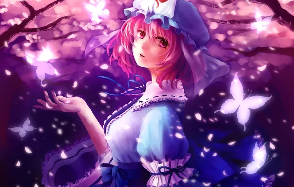 Girl, butterfly, Sakura, art, cap, touhou, Saigyouji Yuyuko, Nora