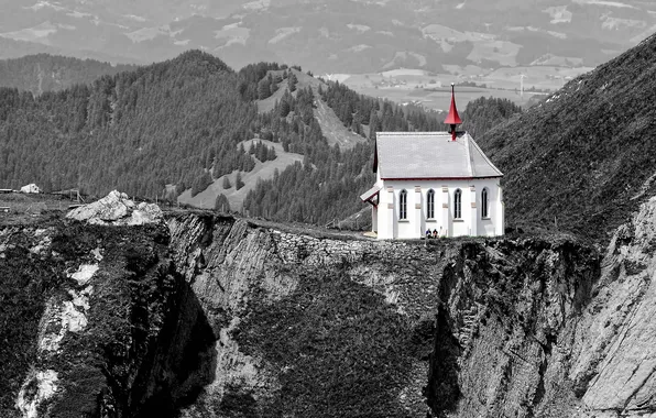 Picture mountains, house, open, rocks, Church, gorge
