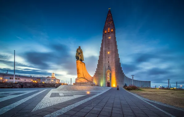 Night, monument, Church, Iceland, Reykjavik, Reykjavik
