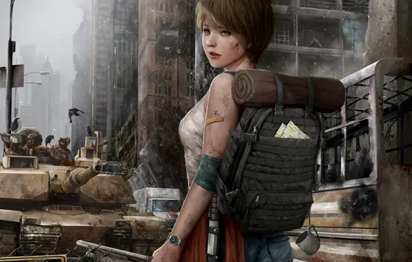 Girl, Apocalypse, zombies, backpack, shotgun, quarantine
