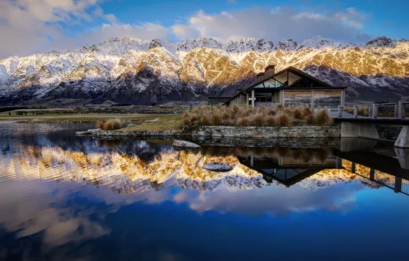 Light, snow, mountains, lake, reflection, shore, tops, house