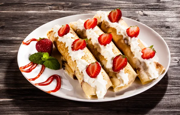Food, strawberry, pancakes, cream, dessert, sweet, syrup, pancakes