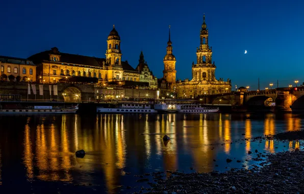 Picture the sky, night, bridge, lights, river, the moon, home, Germany
