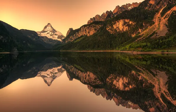 Forest, mountains, lake, reflection, rocks, shore, the evening, symmetry