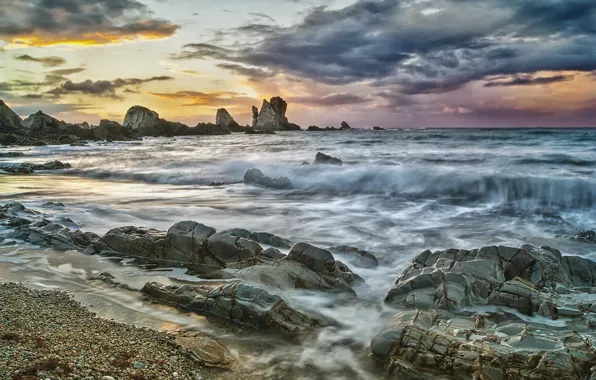 Sea, landscape, sunset, rocks