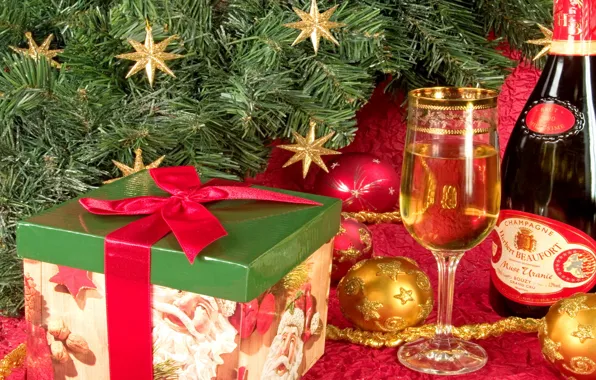 Gift, glass, tree, new year, champagne, New year