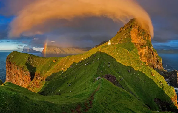 Rock, rainbow, Faroe Islands, island Kalsoy