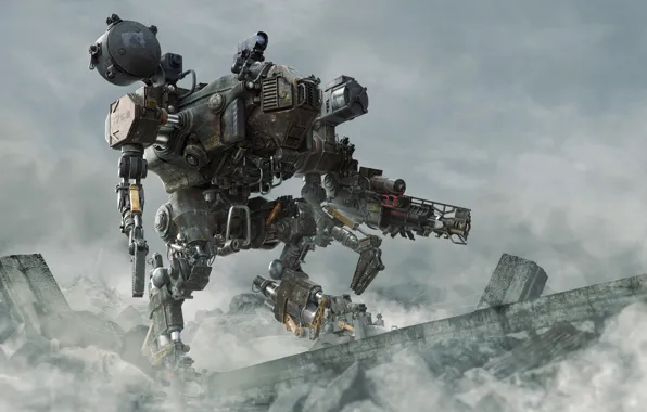 The city, fiction, robot, art, ruins, mech