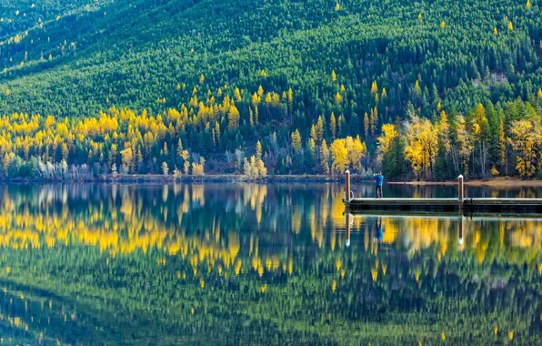Autumn, forest, water, trees, mountains, lake, reflection, people
