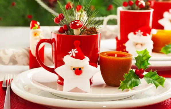 Picture branches, berries, candle, mug, plates, tree, plug, Santa Claus