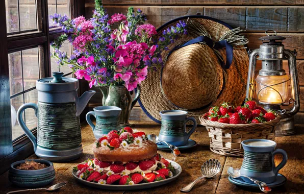 Picture flowers, style, berries, lamp, bouquet, hat, window, strawberry