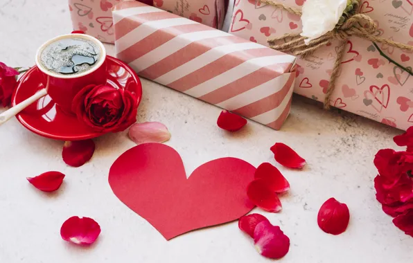 Picture love, flowers, gift, heart, roses, petals, red, red