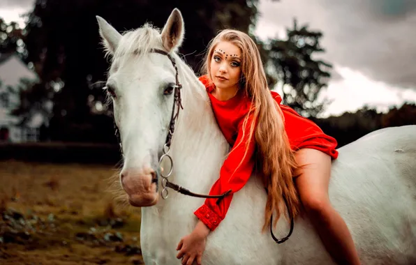 Girl, pose, horse, portrait, makeup, dress, hairstyle, beauty