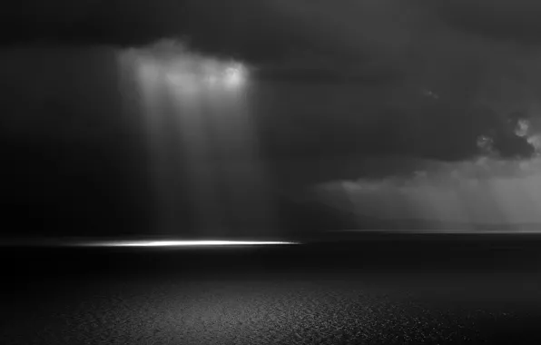 Picture sea, the sky, clouds, rays, light, black and white