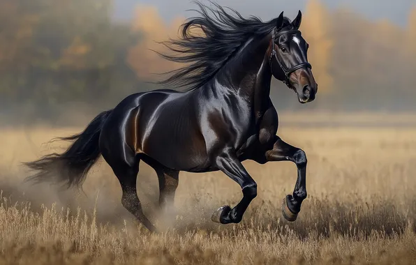 Field, horse, horse, running, crow, AI art, neural network