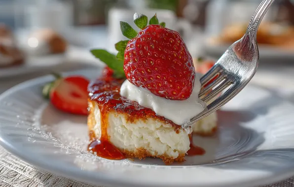 Food, strawberry, plate, plug, light background, jam, cheesecake, AI art