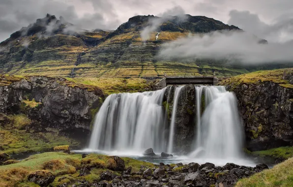 The sky, clouds, stones, mountain, waterfall, Iceland, Kirkjufell