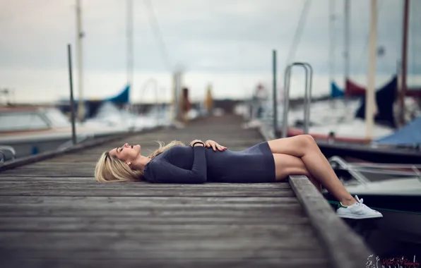 Pose, model, boats, makeup, pier, dress, hairstyle, blonde