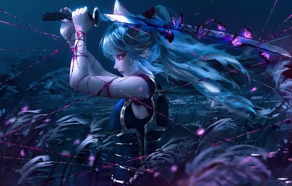 Girl, butterfly, night, sword, fantasy, ears, thread, NIXEU