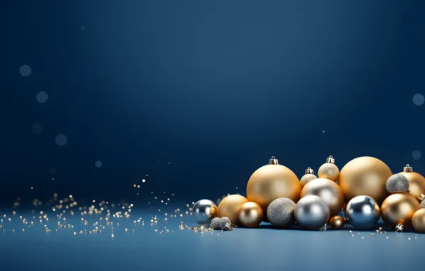 Balls, Shine, Christmas, New year, gold plated, gold, blue background, Christmas decorations