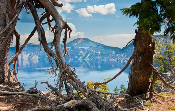 The sky, trees, mountains, nature, lake, crater, Oregon