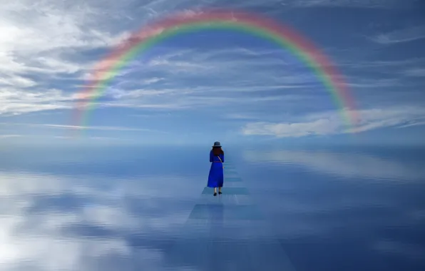 Girl, rainbow, pond, AI art, neural network