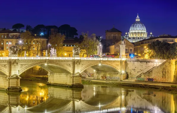 Night, bridge, lights, river, Rome, Italy, St. Peter's Cathedral, The Tiber
