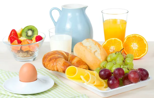 Picture orange, Breakfast, cheese, kiwi, milk, strawberry, juice, grapes