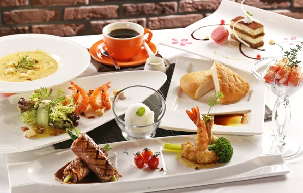 Picture coffee, bread, meat, cake, figure, shrimp, seafood, Japanese cuisine