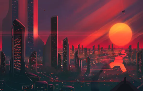 Sunset, The sun, The evening, The city, Star, Skyscrapers, Building, City