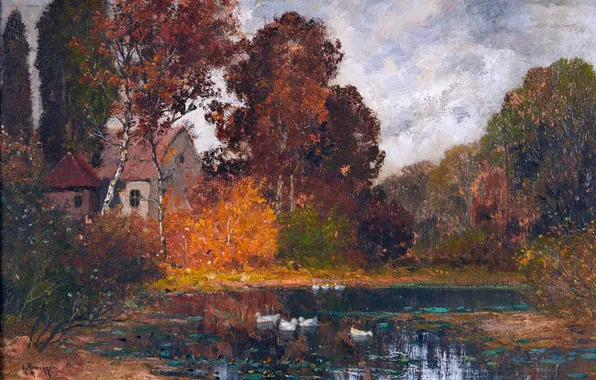 Trees, House, Pond, Picture, Alois Arnegger, Duck, Alois Arnegger, Austrian painter