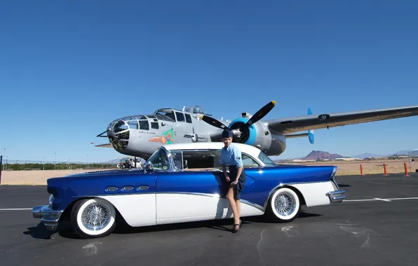 Picture girl, the plane, the airfield, stewardess, buick