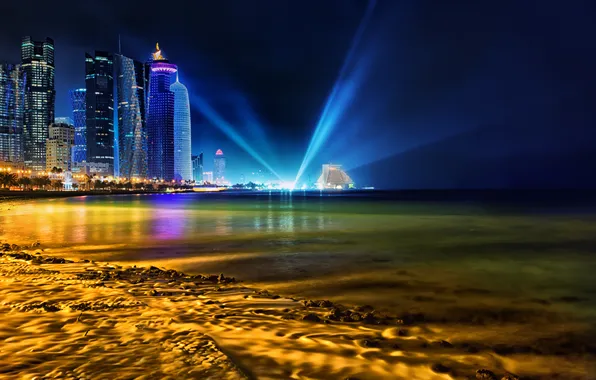 Beach, night, the city, Qatar, Doha