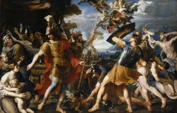 Oil, picture, canvas, French painter, "Aeneas with the Argonauts, Francois Perrier, fighting the harpies"